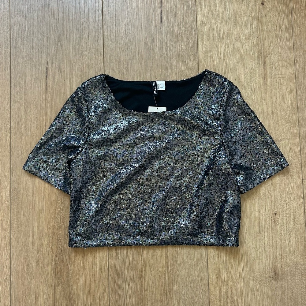 Black Iridescent Sequin Crop Top